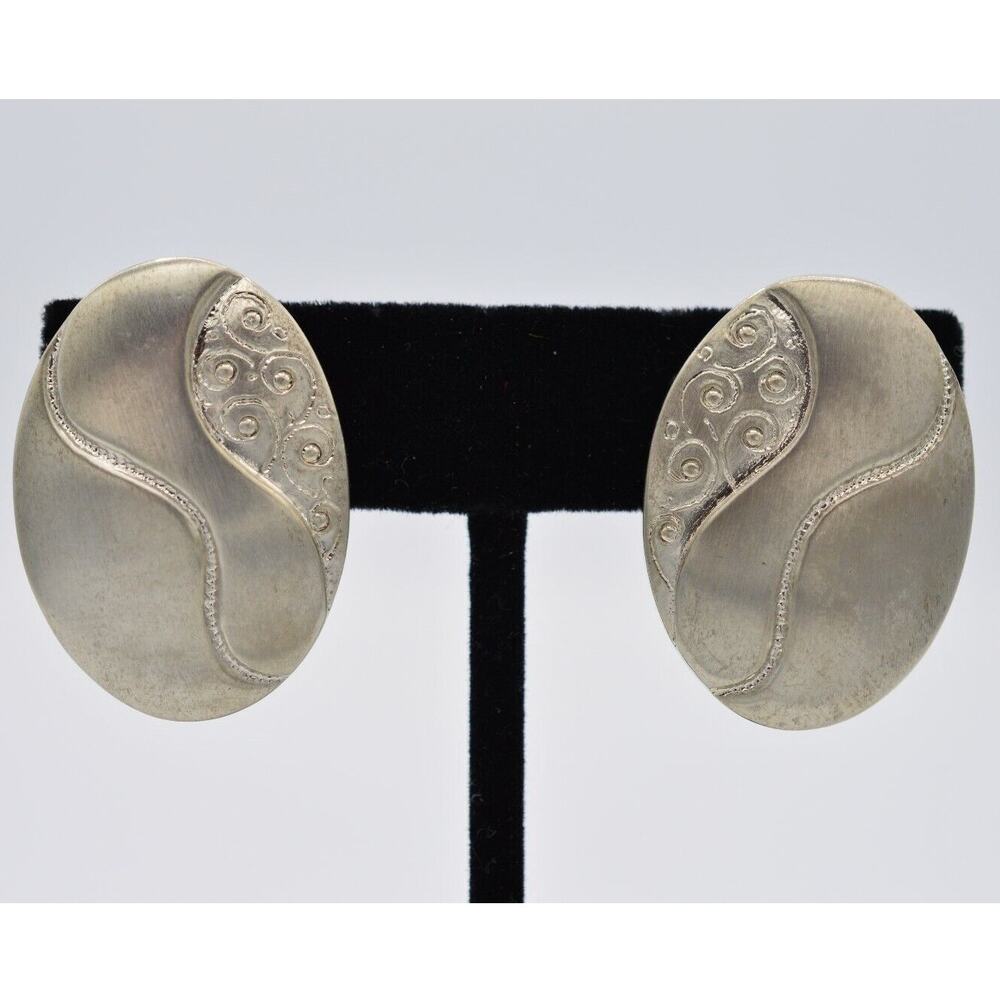 Vintage Chunky Clip On  Earrings Brushed Silver Abstract Design NOS 1980s BinAA